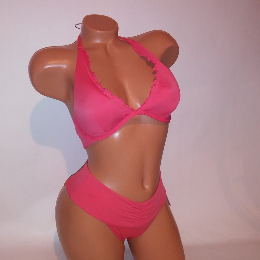 Victoria Secret Swim Bikini 34C Top XS Bottom Solid Coral Orange Ruffle Trim New